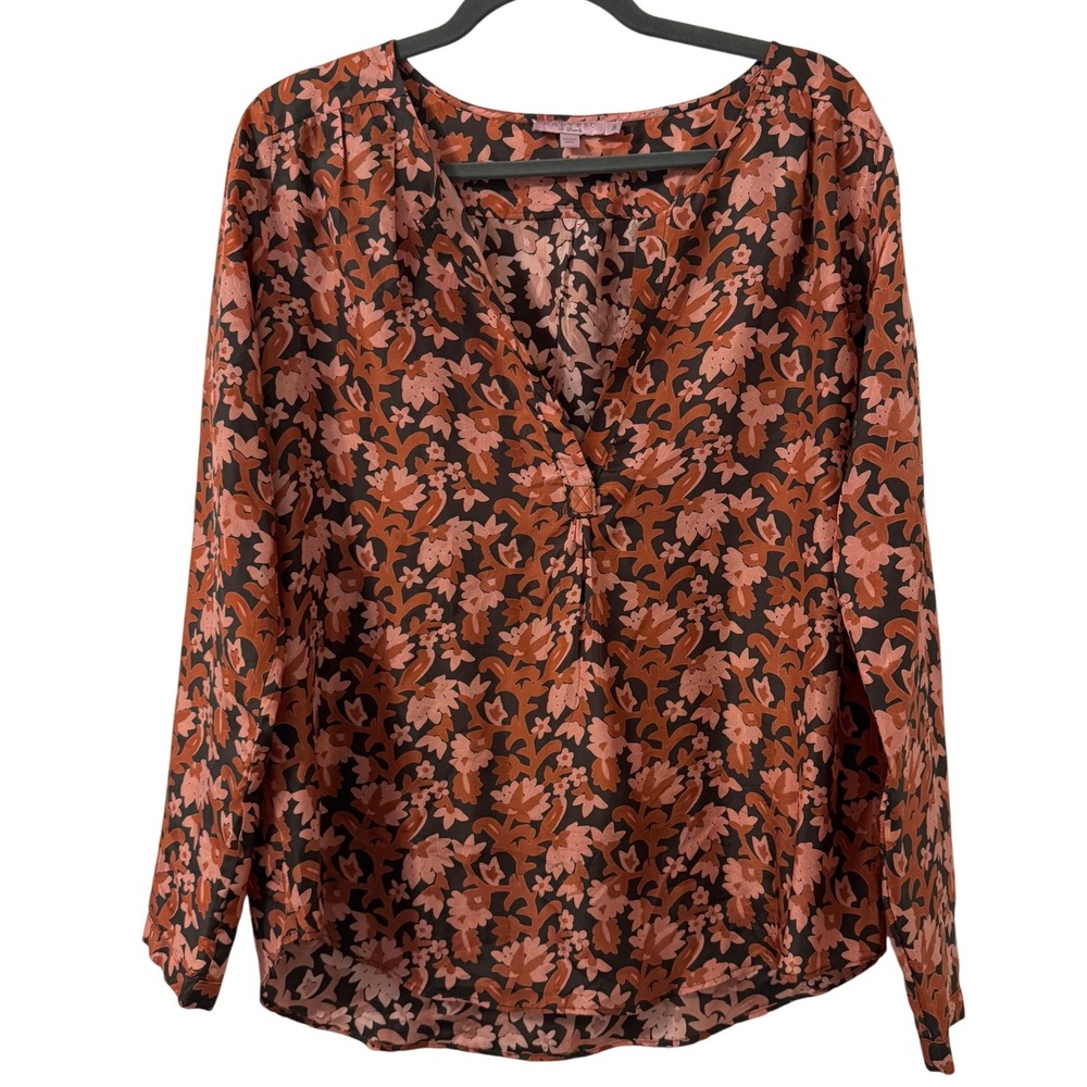 Calypso St Barth Floral Blouse Women S Brown Peach Silk Long Sleeve Luxury Chic‎